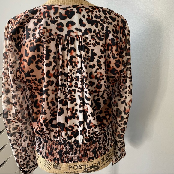 BEBE Cheetah Leopard Sheer Blouse Top with Half Front Zip - Picture 6 of 9